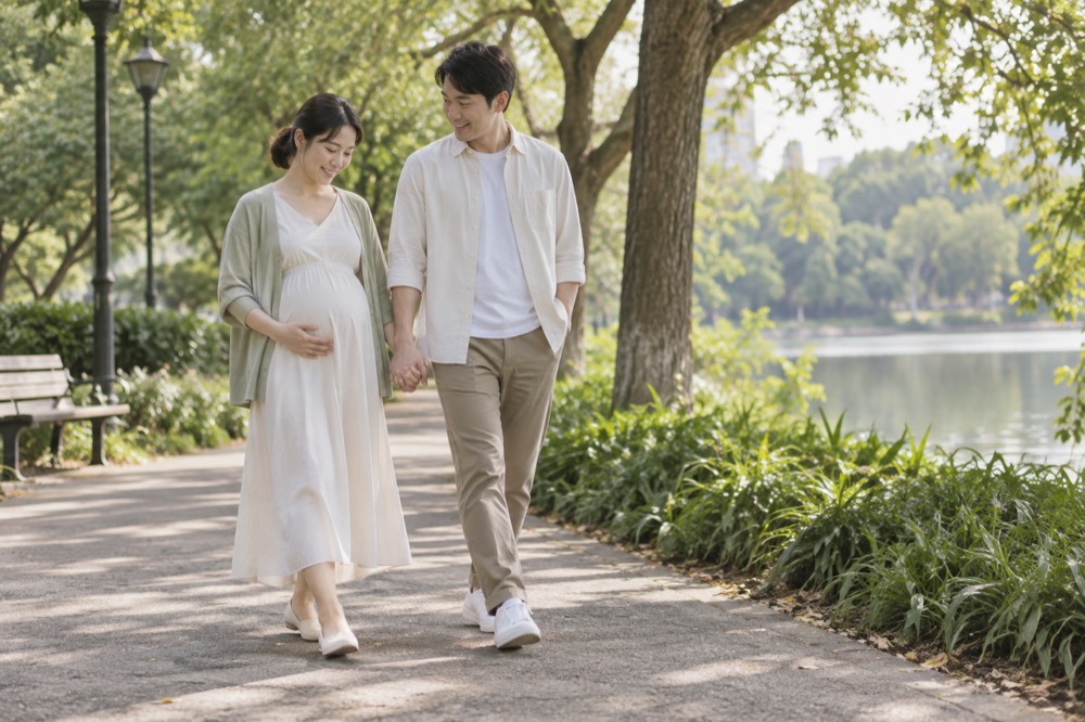 孕妇穿舒适运动鞋在林荫步道散步
