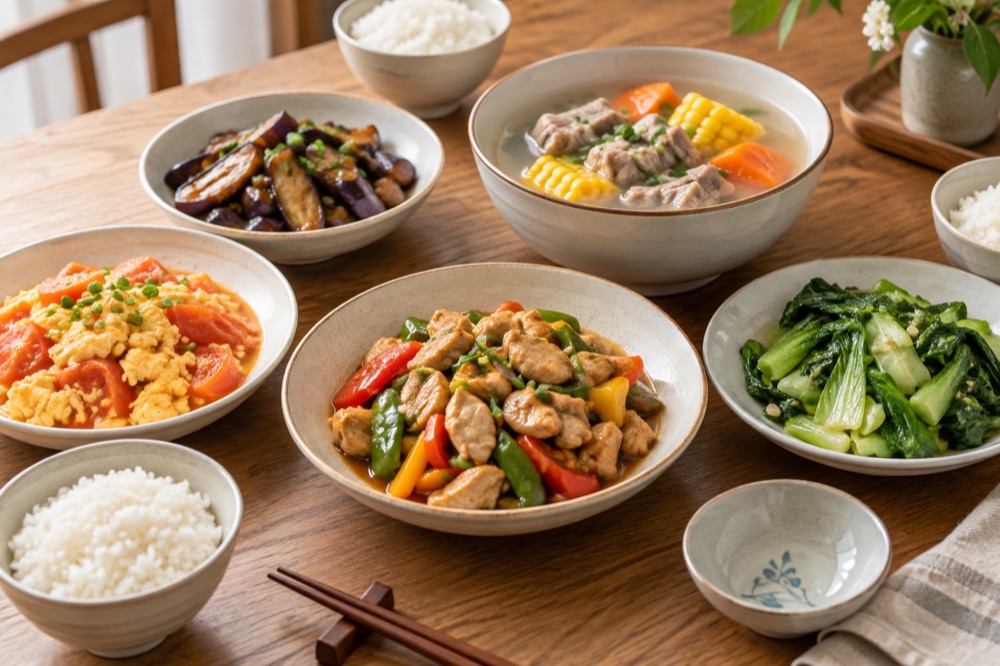 木桌上的蔬菜、熟肉、米饭与家庭餐具