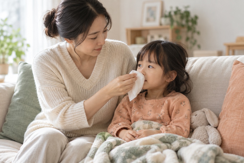 母亲用柔软纸巾照顾鼻塞的孩子