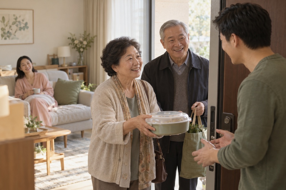 家人在门口探望新生儿家庭