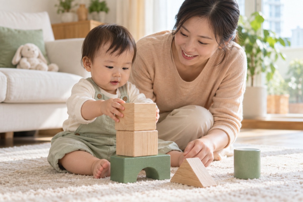幼儿在成人陪伴下坐在地毯上玩大块积木