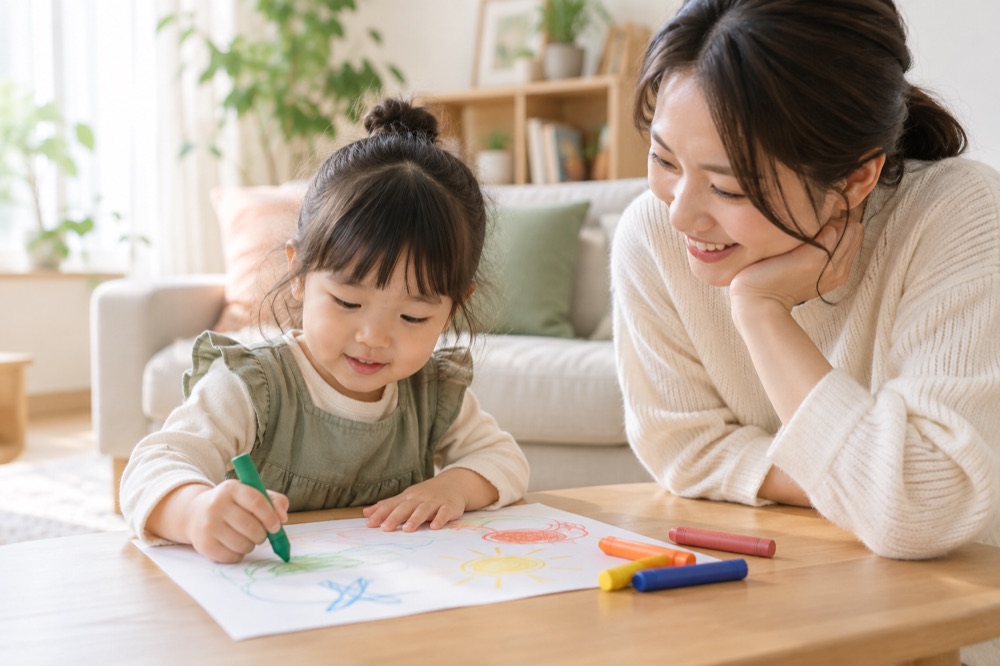 孩子在家长陪伴下用画笔画画