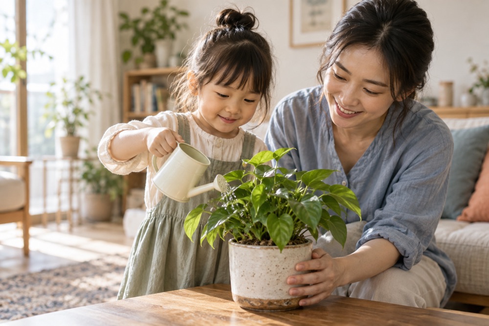 家长陪孩子照顾盆栽