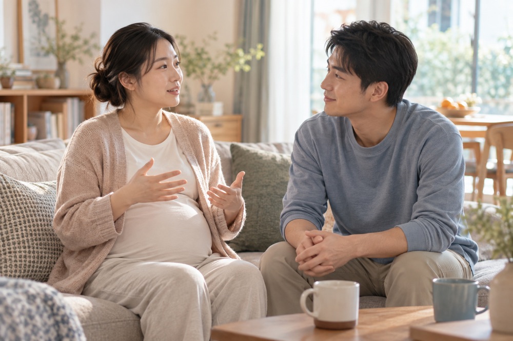 伴侣在家中倾听孕期感受