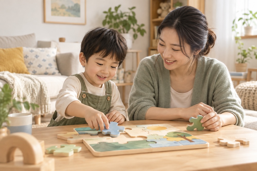孩子与家长拼大块拼图