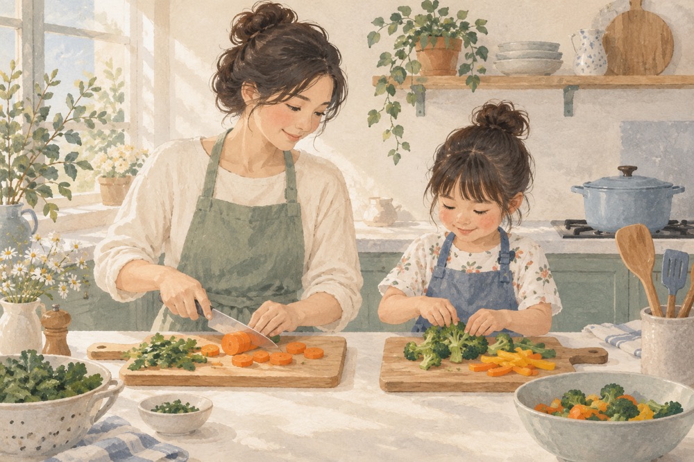 家长与孩子在厨房准备蔬菜的插画