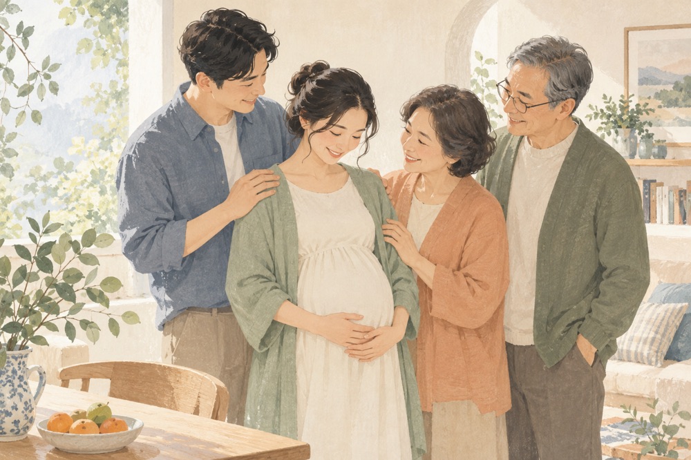 家庭共同照护的温暖插画